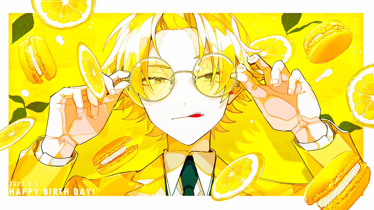 yellow theme 1boy male focus food necktie tongue out blonde hair  illustration images