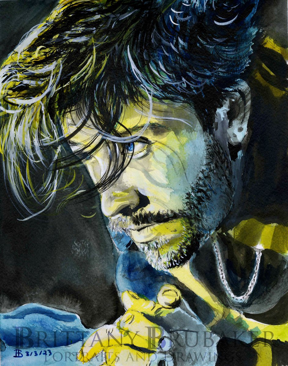 Another speed drawing to take me into the weekend (1.5 hours). I outlined with pencil/pen, then colored in with acrylic ink. 

📷 @robbiefimmano

#bmbrubaker #garretthedlund #speeddrawing #portraitart #blueeyes #tronlegacy #tulsaking #messyhair #hairart #liquitex #handmadeart