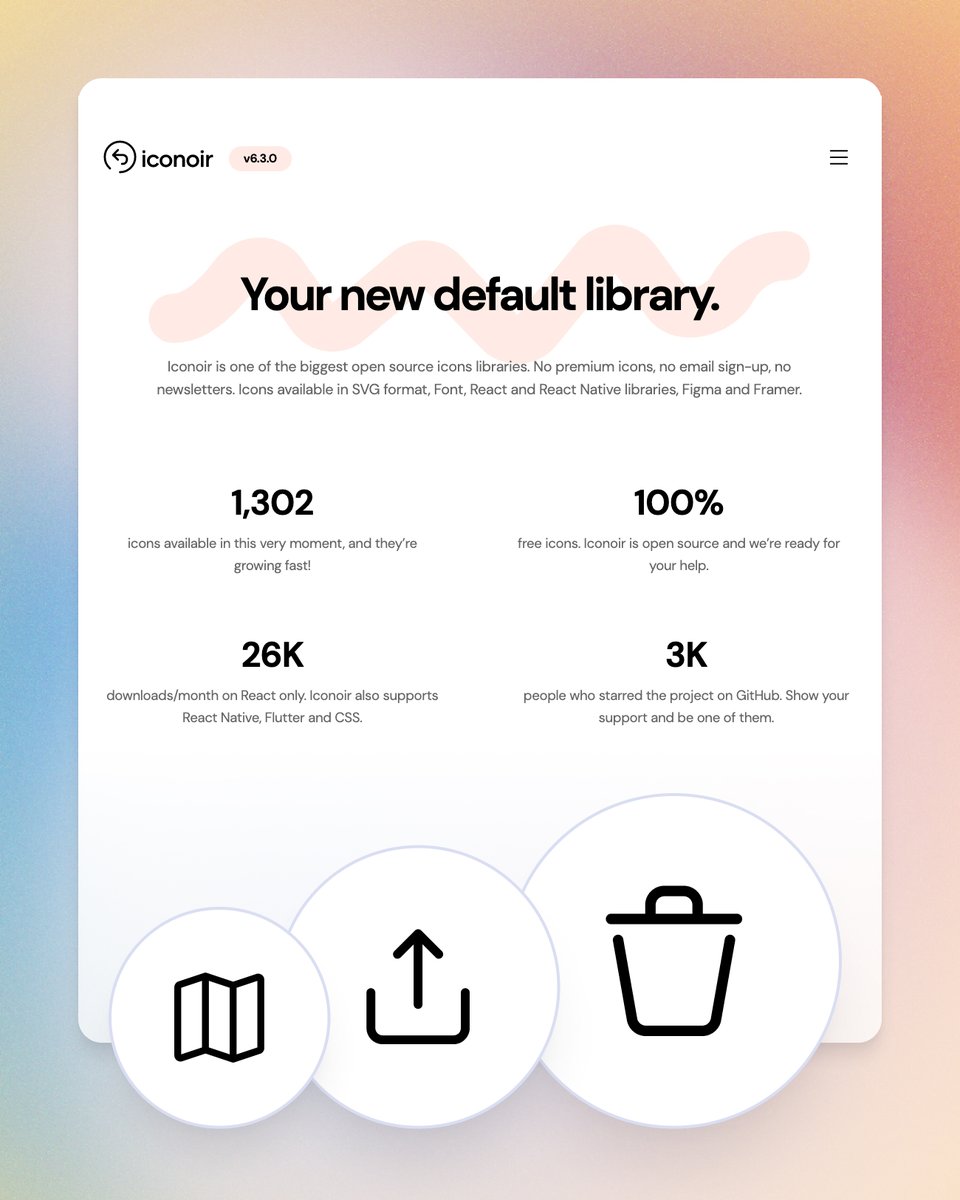 🖤 Love this free icon set of 1,302 icons

Iconoir is one of the biggest open source icons libraries.

Available in:

✅ SVG
✅ Font
✅ React &amp; React Native
✅ <a href="/figma/">Figma</a> 
✅ <a href="/framer/">Framer</a> 

By <a href="/burgioluca/">Luca Burgio ✌️</a> 

#icons #iconset #design