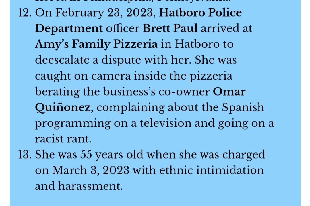 BleuZ00m's tweet photo. Update #HatboroPA racist ranter @ Amy's Pizzeria has been found. Rita Bellew, 55, was charged with ethnic intimidation and harassment, #Montco DA Steele announced 3/3. Court date slated. Details: 
https://t.co/pxVc2e3Z8x 
Cc @TizzyEnt Thanks for your help with this. 👊 ♡ https://t.co/ErtaLVKZ2w