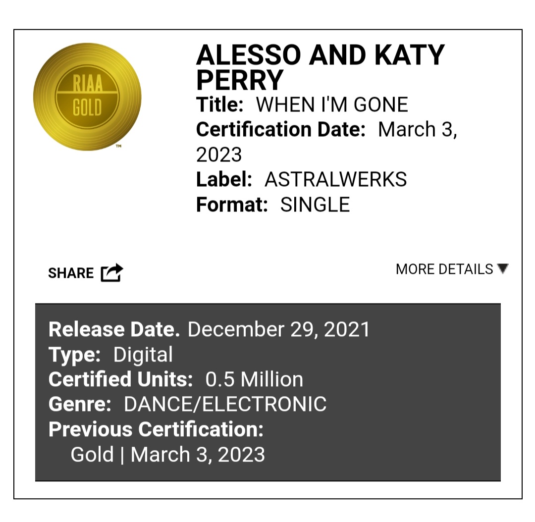 Katy Perry Charts on Twitter: "'When I'm Gone' is now Gold in the