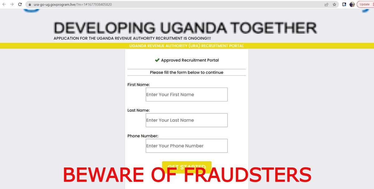 URAuganda's tweet photo. #FraudsterAlert 

This is to alert the public about a job scam perpetrated by fraudsters. Please disregard these fake job adverts making rounds online.

URA job applications are only made via https://t.co/X9Z5Gbv8xB (careers section).

Protect yourself at all times.
#FfeBanno https://t.co/AJD5Maex0p