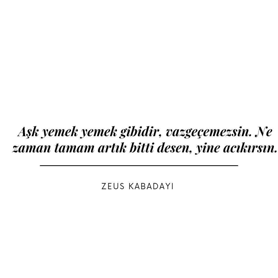 Aşk yemek yemek gibidir, vazgeçemezsin. Ne zaman tamam artık bitti desen, yine acıkırsın.
Zeus Kabadayı