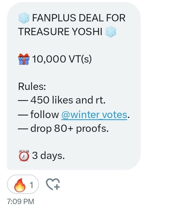 ❄️ FANPLUS DEAL FOR TREASURE YOSHI ❄️ 🎁 10,000 VT(s) Rules: — 450 likes and rt. — follow @winter_votes. — drop 80+ proofs. ⏰ 3 days.