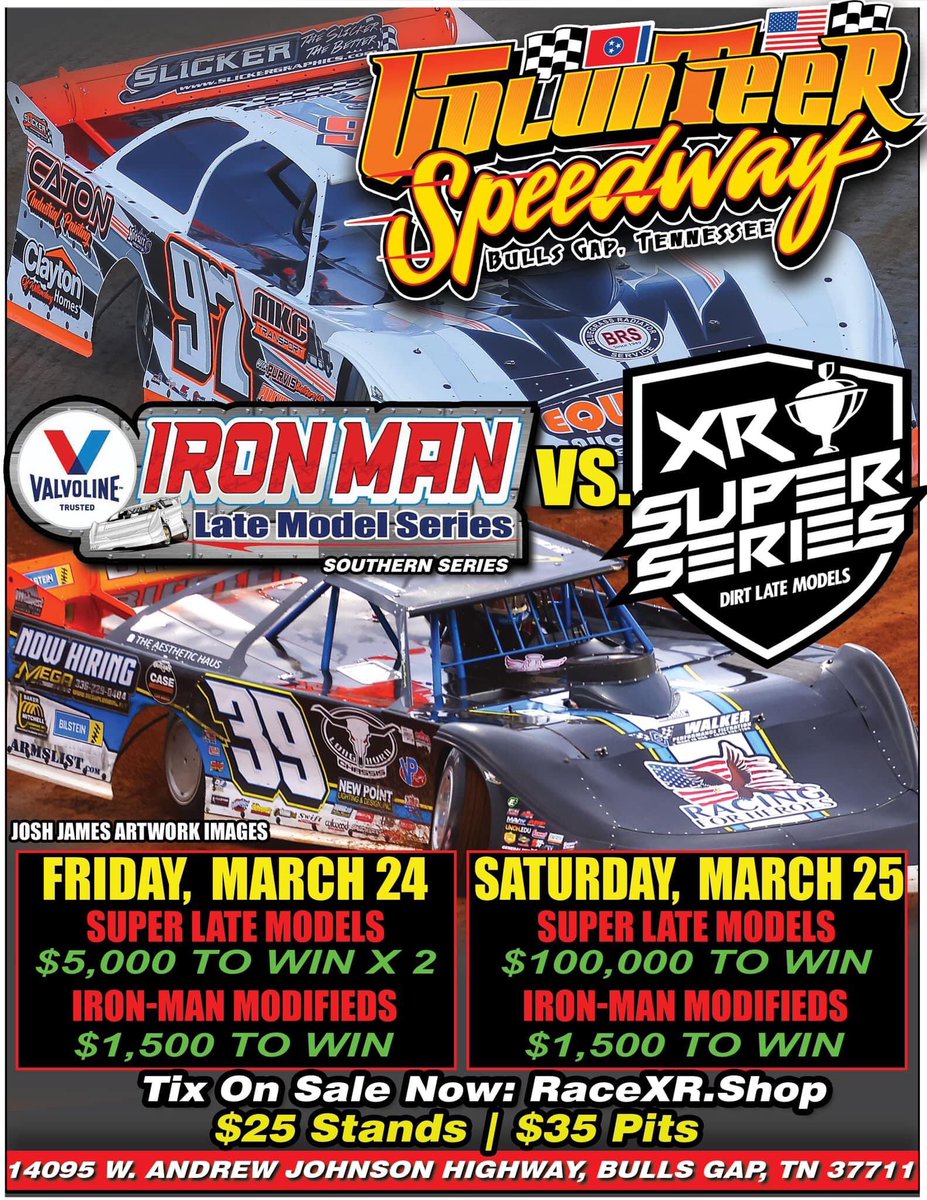 3 Weeks Away! Volunteer Speedway-Bulls Gap, TN-Spring Thaw 100 @Valvoline Iron-Man Southern Series vs. the XR Super Series 3/23-Practice 3/24- 2 $5,000 to win races 3/25-$100,000 to win PLUS $1,500 to win @Brucebilt Mods each night! Tickets on sale RACEXR.shop