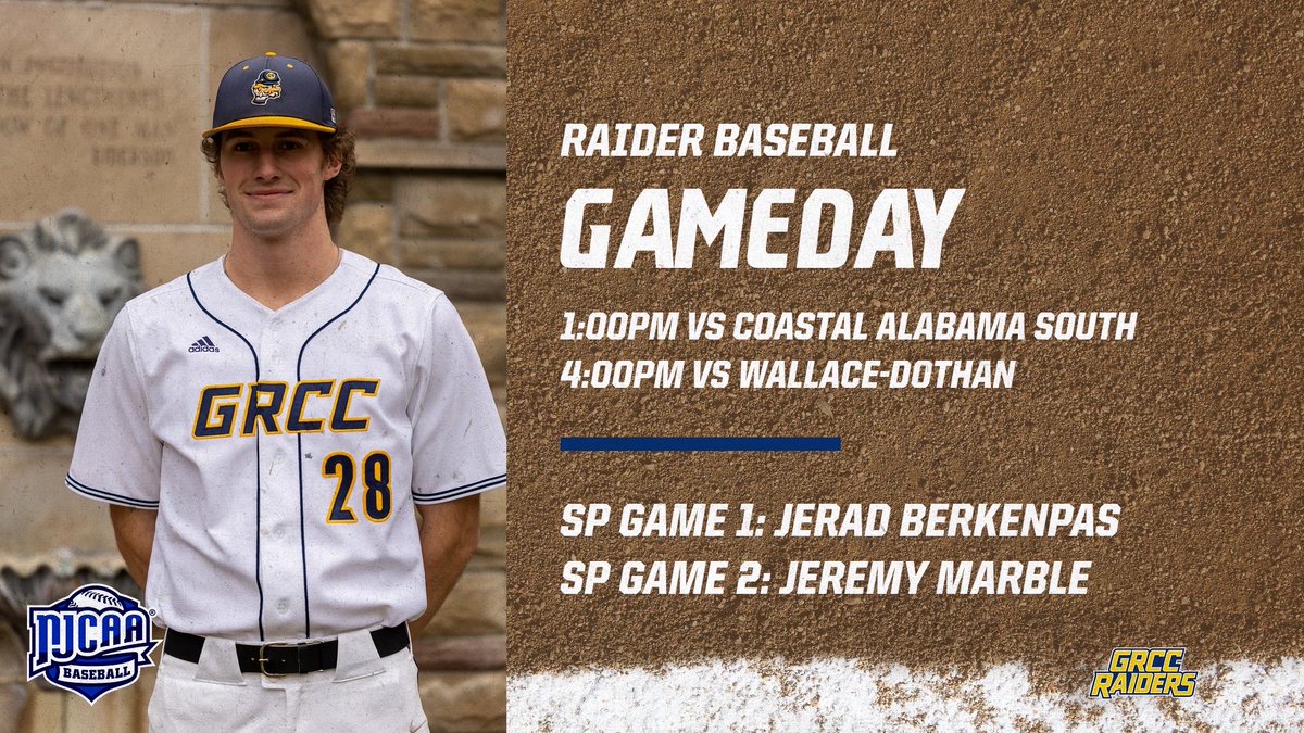 baseball_grcc's tweet photo. It’s officially gameday! The Raiders will be in action today at 1pm(CT) and 4pm(CT) in Marianna, FL. 

Coastal Alabama South on the clock first, follow along with our YouTube live stream or GameChanger feed. 

https://t.co/Ksois6VorP

https://t.co/pHkgVcVlGs

#raiderraider https://t.co/pKly6Swg4d