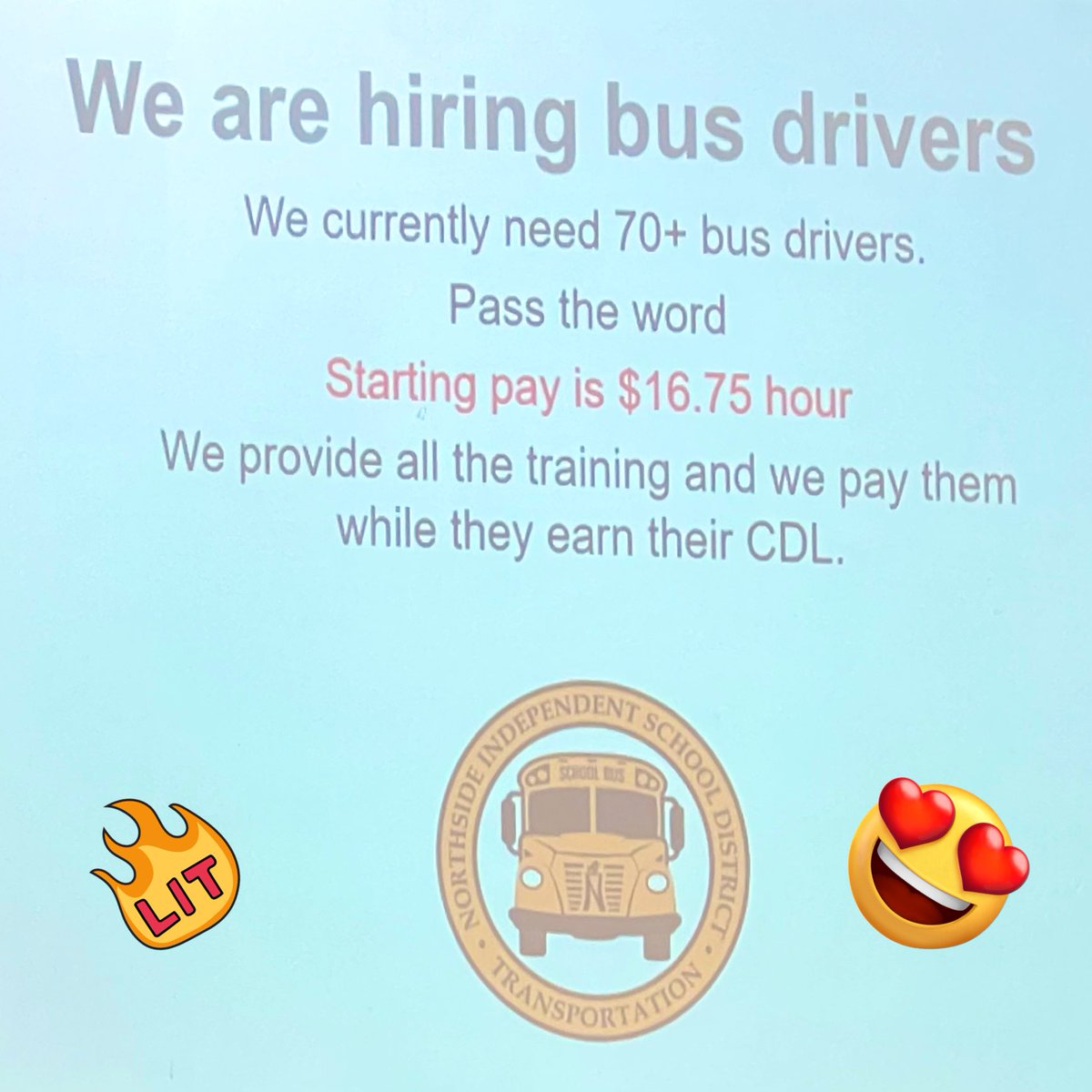rebecca_resop's tweet photo. @NISD is looking for a great people to transport the best members of our communities, our children! #NLABusTour2023 #Apply #DriversNeeded https://t.co/1dsxXvVXdz