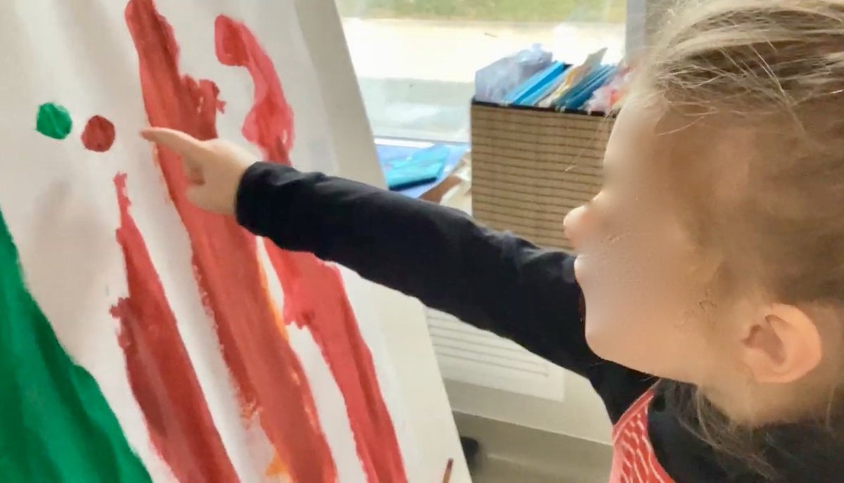 Communicating through painting her thoughts and understanding of family concept (the marks=family members) She independently chose to paint and described her work. ‘This is me and my sister when we were little’ (the two dots)Independence, Agency for learning in EC4 <a href="/AISBucharest/">AISB Bucharest</a>