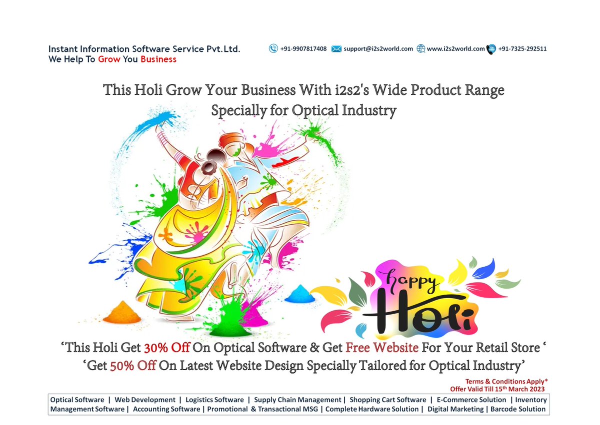 instant_pvt's tweet photo. This Holi Get 30% Off On #Optical_Software & Get #Free_Website For Your Retail Store & Get 50% Off On Latest Website Design Specially Tailored for #Optical_Industry
#i2s2
#Optocare
#Optoview
#Instant_Information
#9907817408
#AaharStore
#ECommerce
More Info
https://t.co/WqxTgnwn7c https://t.co/hF0ofWNCZ1