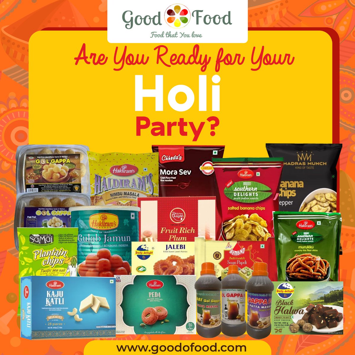 Holi is just a few days away!!

Have you stacked your kitchen with Snacks & Sweets for this year's Holi party?

goodofood.com/savouries

#IndianSnack #GoodOFood #GoodOFoodUK #ukgrocerystore #ukgroceries #ukgroceryshopper #IndianSpices #Spices #SouthIndianRecipes