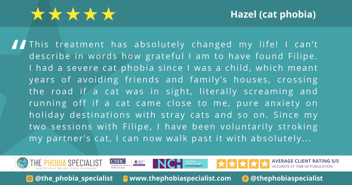 Here's a review from one of my clients who overcame her irrational fear of cats. The full review can be found here thephobiaspecialist.com

#phobiatreatment #phobias #fearofcats #ailurophobia #catphobia #thephobiaspecialist #hypnotherapy #hypnosis