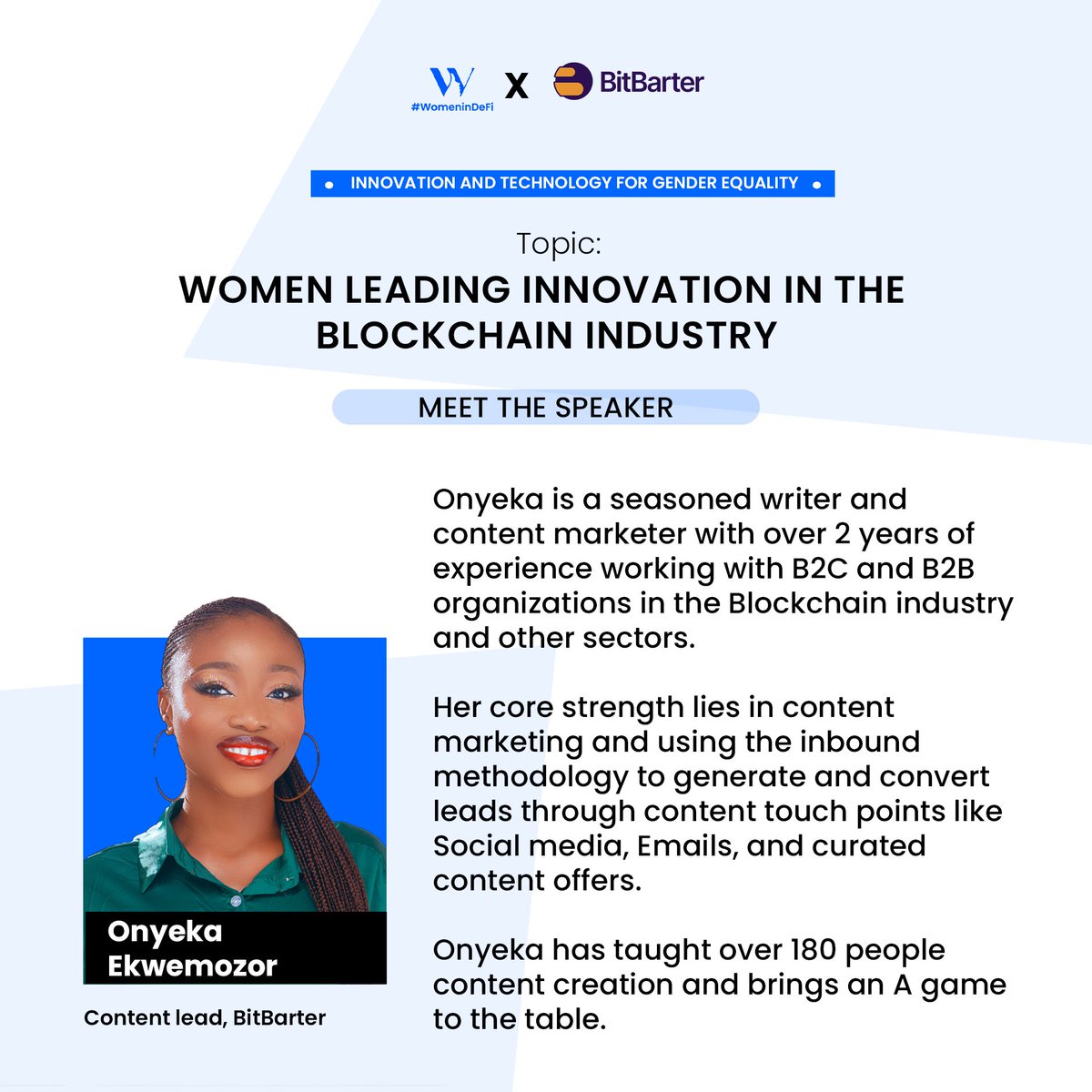 WomenInDeFi.eth (@womenindefi_org) on Twitter photo WOMEN LEADING INNOVATION IN THE BLOCKCHAIN INDUSTRY:
Meet your SECOND speaker:
<a href="/OnyekaEkwemozor/">Onyeka Adedayo|| Growth marketer</a>,
💃Seasoned writer
💃Content marketer
💃Educator.
Make March 8th a date.
See you there!
6pm.
x.com/i/spaces/1mrxm…
#womenindefi WOMEN LEADING INNOVATION IN THE BLOCKCHAIN INDUSTRY:
Meet your SECOND speaker:
<a href="/OnyekaEkwemozor/">Onyeka Adedayo|| Growth marketer</a>,
💃Seasoned writer
💃Content marketer
💃Educator.
Make March 8th a date.
See you there!
6pm.
x.com/i/spaces/1mrxm…
#womenindefi