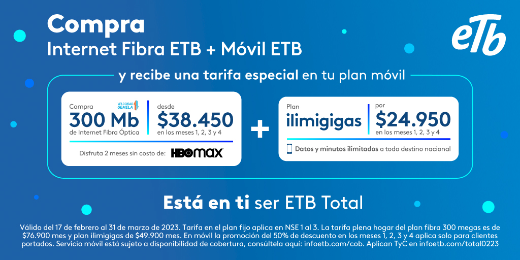 Si lo que necesitas es mantenerte conectado, ¡ETB Total es para ti! 🙌 Adquiere el paquete completo y navega en tu hogar a altas velocidades y con tu móvil desde donde estés. 💻📱 Solicítalo aquí: bit.ly/3Y9XuIX

#ETBteAcompaña #ConectamosConPasión #EstáEnti