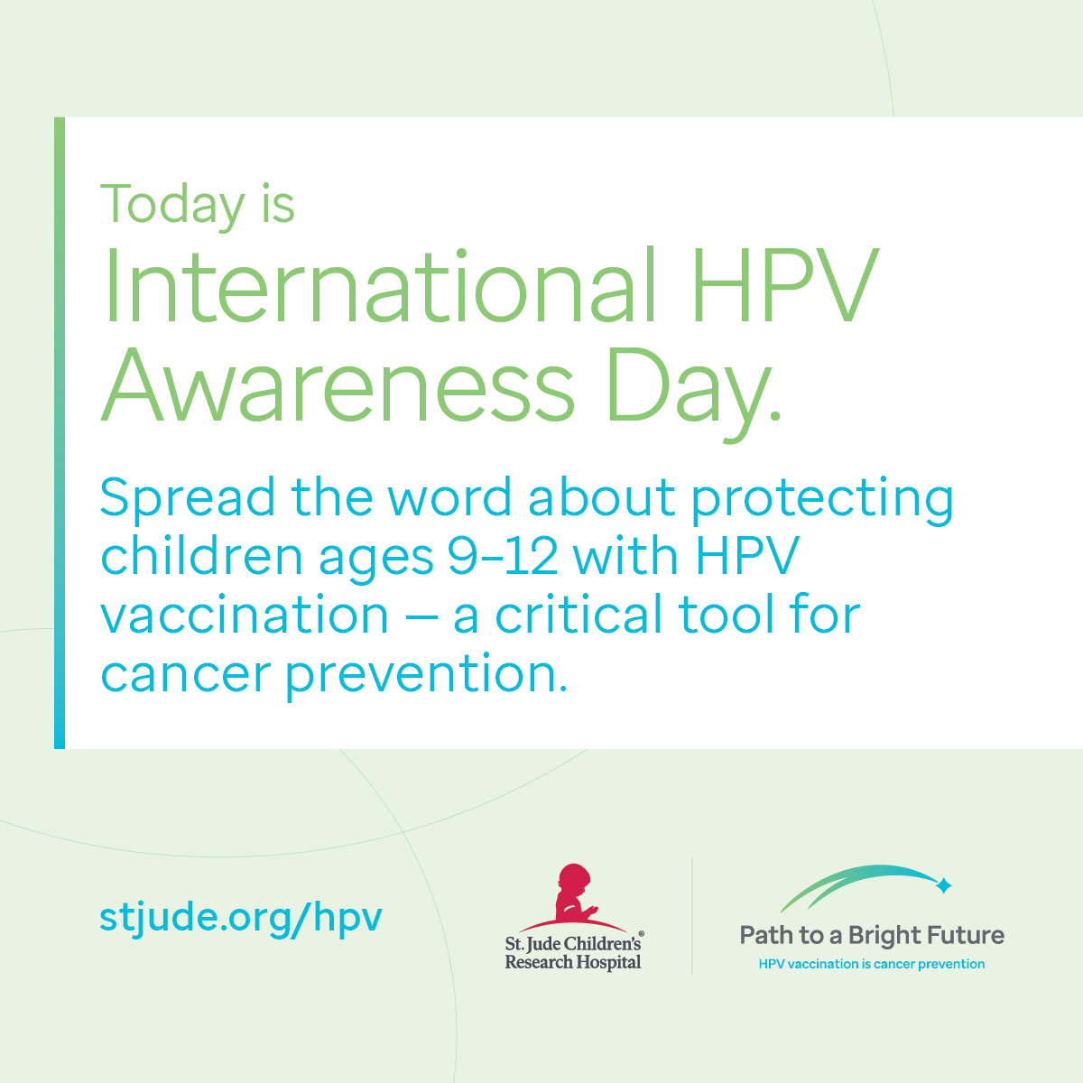 HPV vaccination coverage remains below the Healthy People 2030 goal of 80%. This International HPV Awareness Day spread the word about protecting children ages 9-12 with #HPVvax—a critical tool for cancer prevention. Learn more. stjude.org/bright-future #IHAD2023 #EndHPVCancers