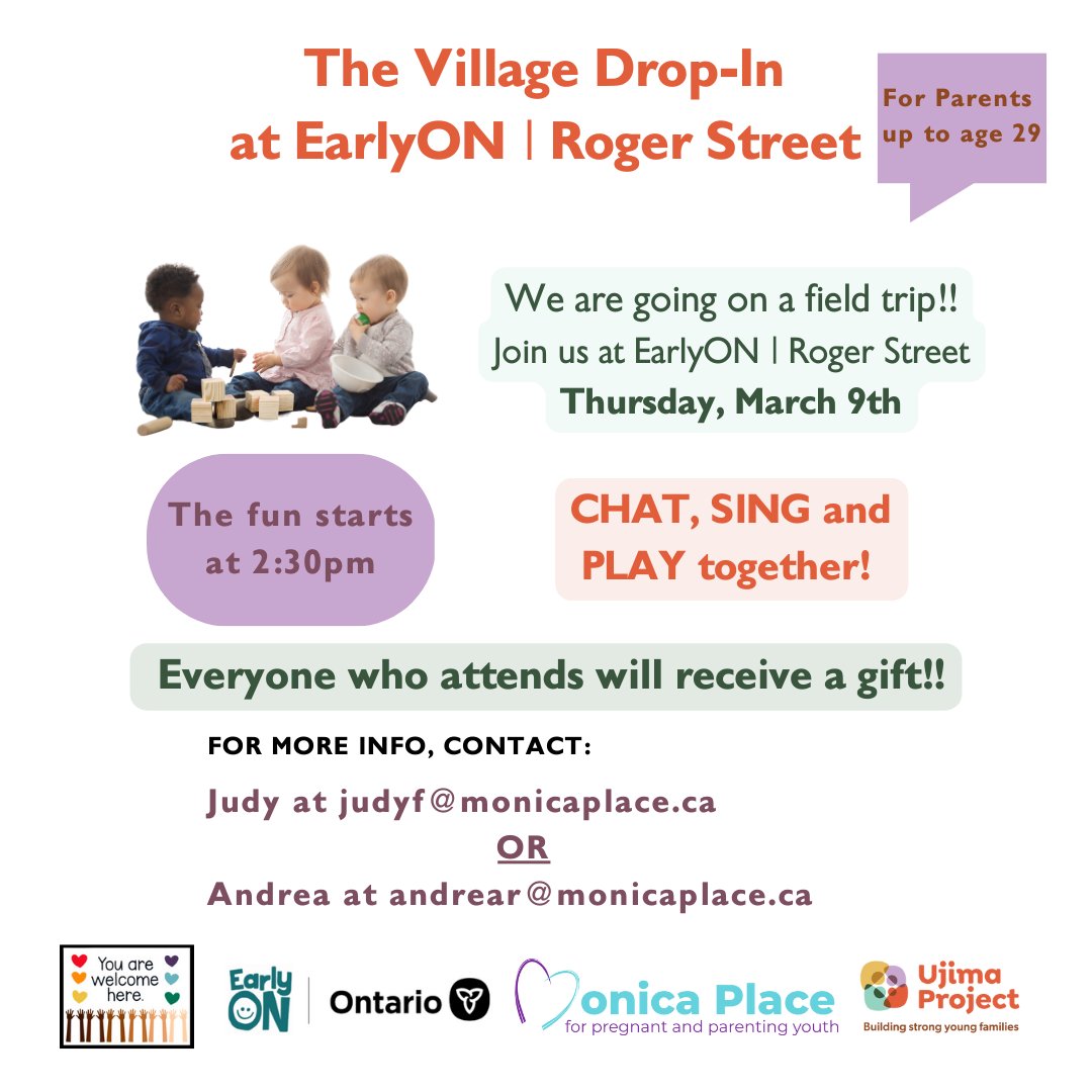 Join us at the EarlyON | Roger Street for The Village Drop-Thursday, March 9th. Connect with other young families, find a new space to bond with your child, and get your steps in!