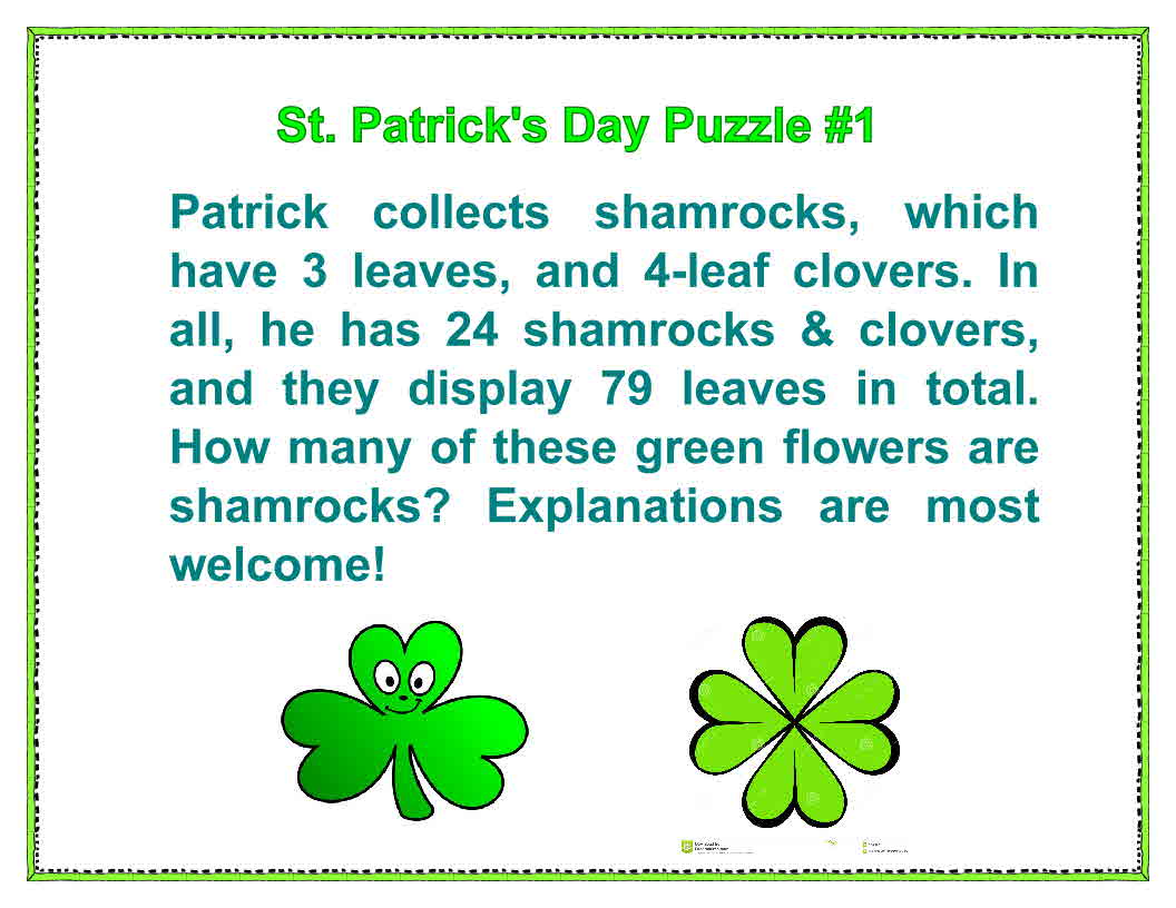 Mathemagician4U's tweet photo. ST. PATRICK'S DAY PUZZLE #1
This little puzzle can be solved by algebra, setting up and solving equations, &amp; that would be great. It can also be solved useing "problem-solving strategies."
Can you figure it out? What is your answer?
#math #StPatricksDay #Puzzle https://t.co/1fcjPawJyZ