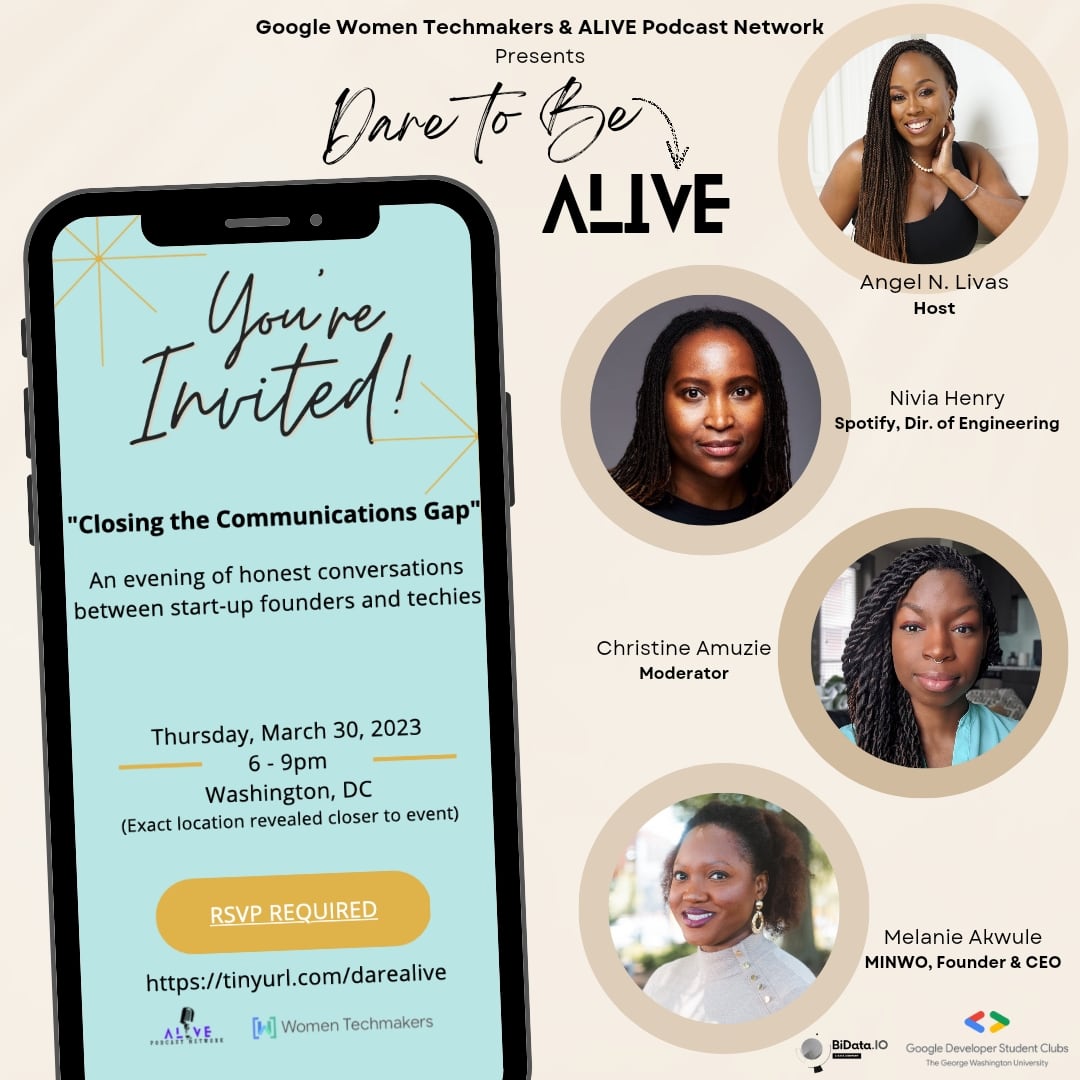 As a Google Women Techmakers Ambassador - I'm elated to host this years DC - International Women's Day event titled "DARE to be ALIVE". 

We're bringing together some of the dopest women in tech and a pool of successful start-up founders! 
Don't miss it: tinyurl.com/darealive