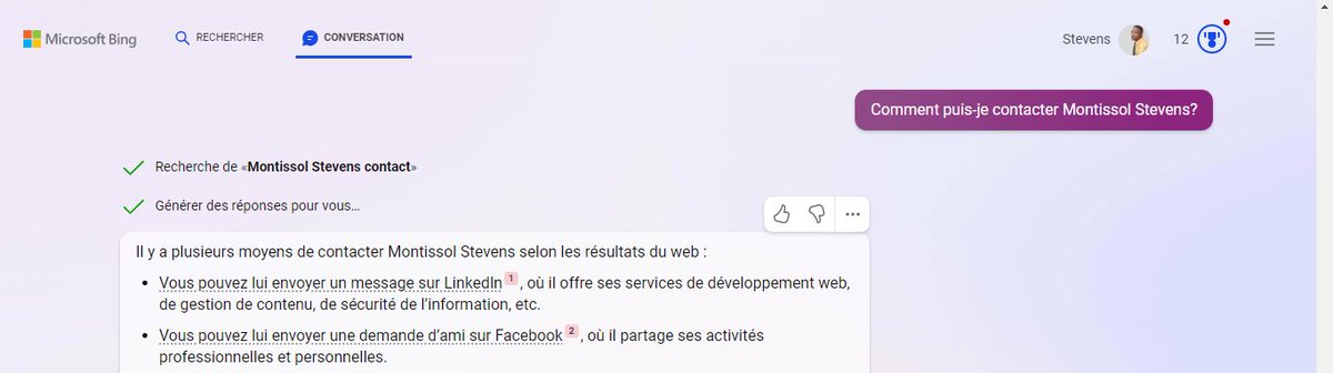 MontissolSteve1's tweet photo. Ce matin j'ai testé @Bing avec l'intégration de @ChatGPT et c'était très intéressant. Il utilise les dernières informations sur le Web. Cependant, je dois également souligner qu'il peut parfois donner des informations hors contexte ou pas tout à fait exact à 100%.@Microsoft #IAht https://t.co/Lf3hIopnKJ