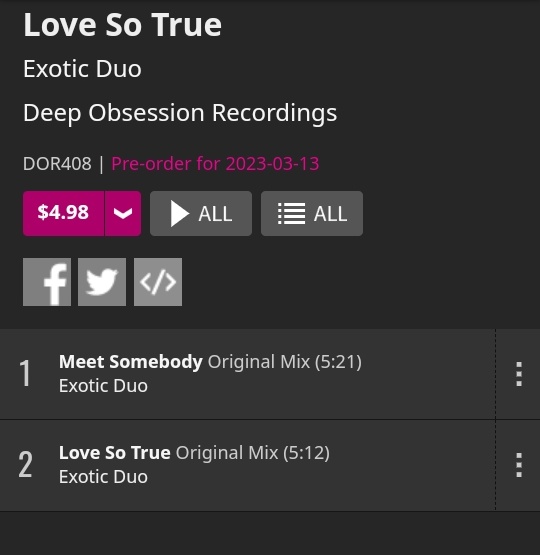duo_exotic's tweet photo. Love So True EP on Pre-order @traxsource 
Available on all other digital platforms 27/03/23
@traxsource release: 2023:03:13
Artist: Exotic_Duo 
Label: Deep Obsession Recordings  
Tracks : 1. Love So True  1. Meet Somebody
Link:
https://t.co/xwuVYu9Vdd
#deephouse #housemusic https://t.co/7hRaj8bBrm