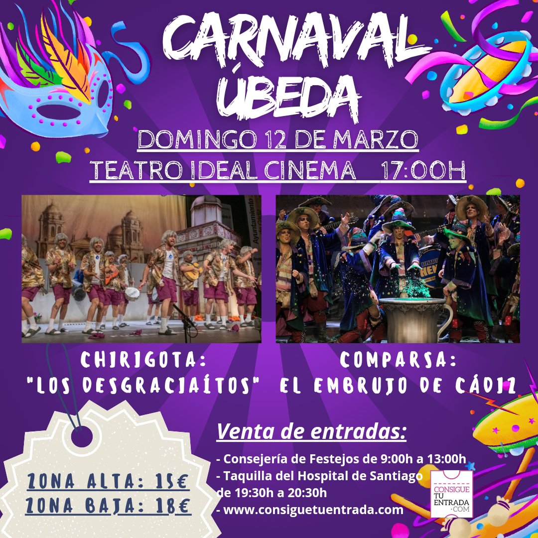 Familia !!! DOMINGO 12 DE MARZO a partir de las 17:00H nos vemos en el TEATRO "IDEAL CINEMA" de ÚBEDA (Jaén) !!! Estaremos junto a <a href="/los_delacantera/">La Comparsa de la Cantera</a> !!! No faltéis tod@s l@s que estéis por allí y alrededores !!
🎟️🎫 Las entradas por internet estarán a partir del Lunes 6 de Marzo !