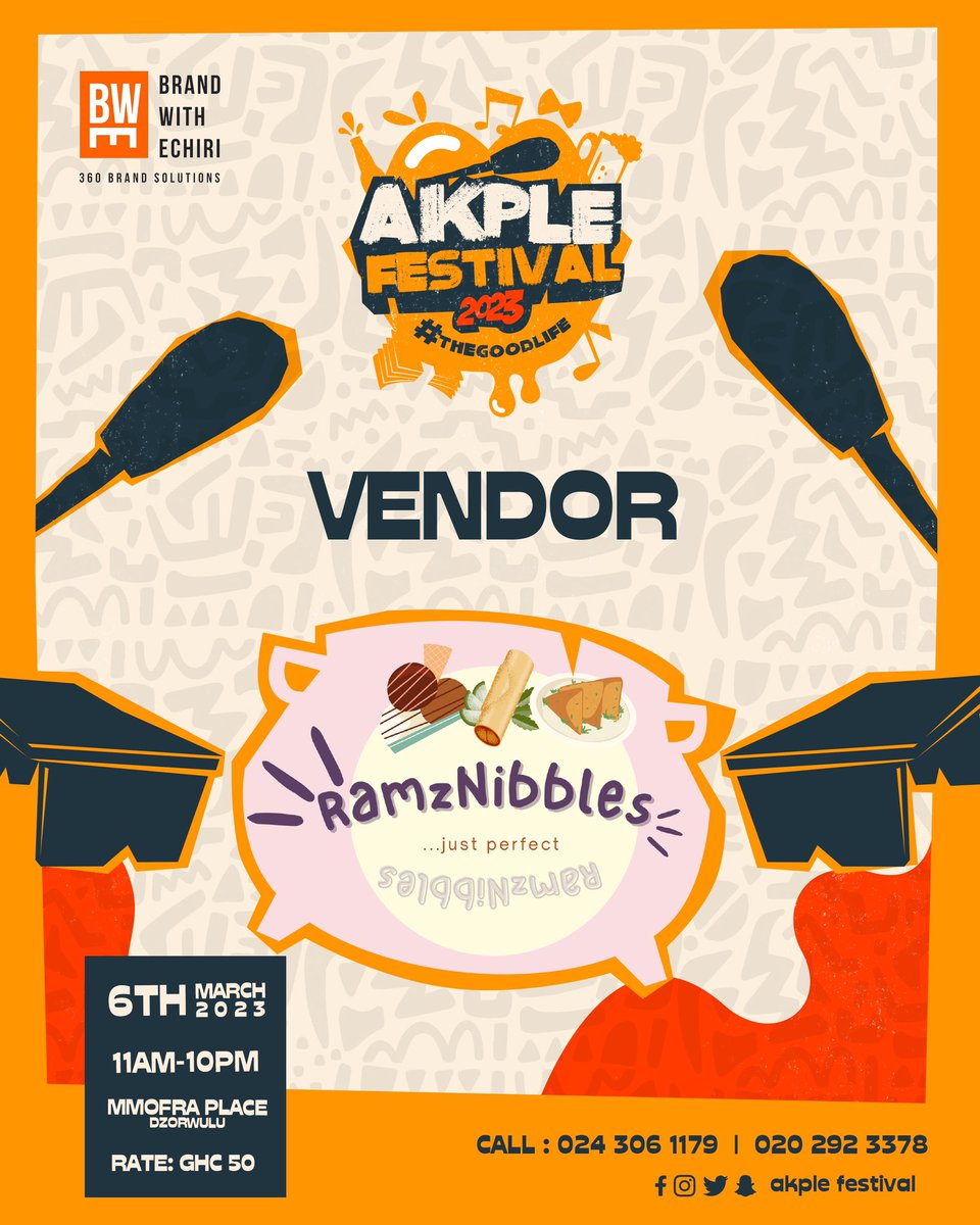 Check out @ramznibbles providing you with Springroll, Samosa and Abelewalls 🔥🔥🔥
#Akplefestival #Akplefestival2023 #goodlife #ghana #gh #festival #food #localfood #events #ghfood #indepenceday #party #happypeople #foodlovers #heritagemonth