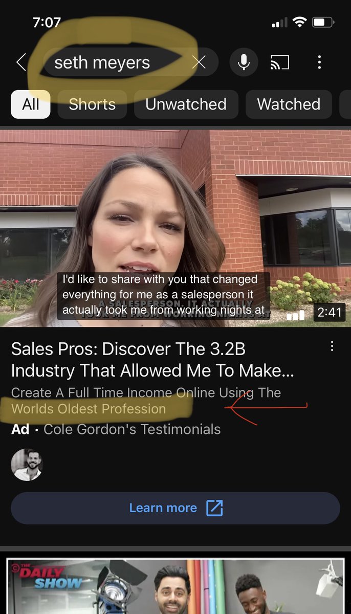 kevinrehak's tweet photo. @LateNightSeth I think some of your YouTube advertisers aren't clear on what the world's oldest profession actually is https://t.co/vutlZjbuPk