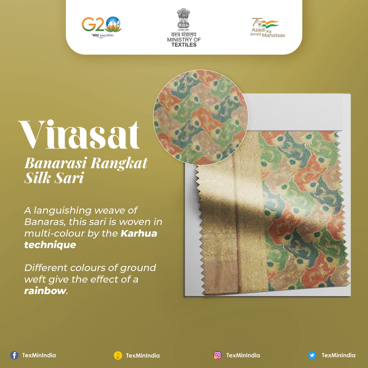In Rangkat, the ground wefts are generally woven in a diagonal fashion where the two different colours are interlocked and are woven on it in such a manner that it may conceal the interlocking. 6 to 8 colors are used with gold and silver threads with Meena work.
 #mysarimypride