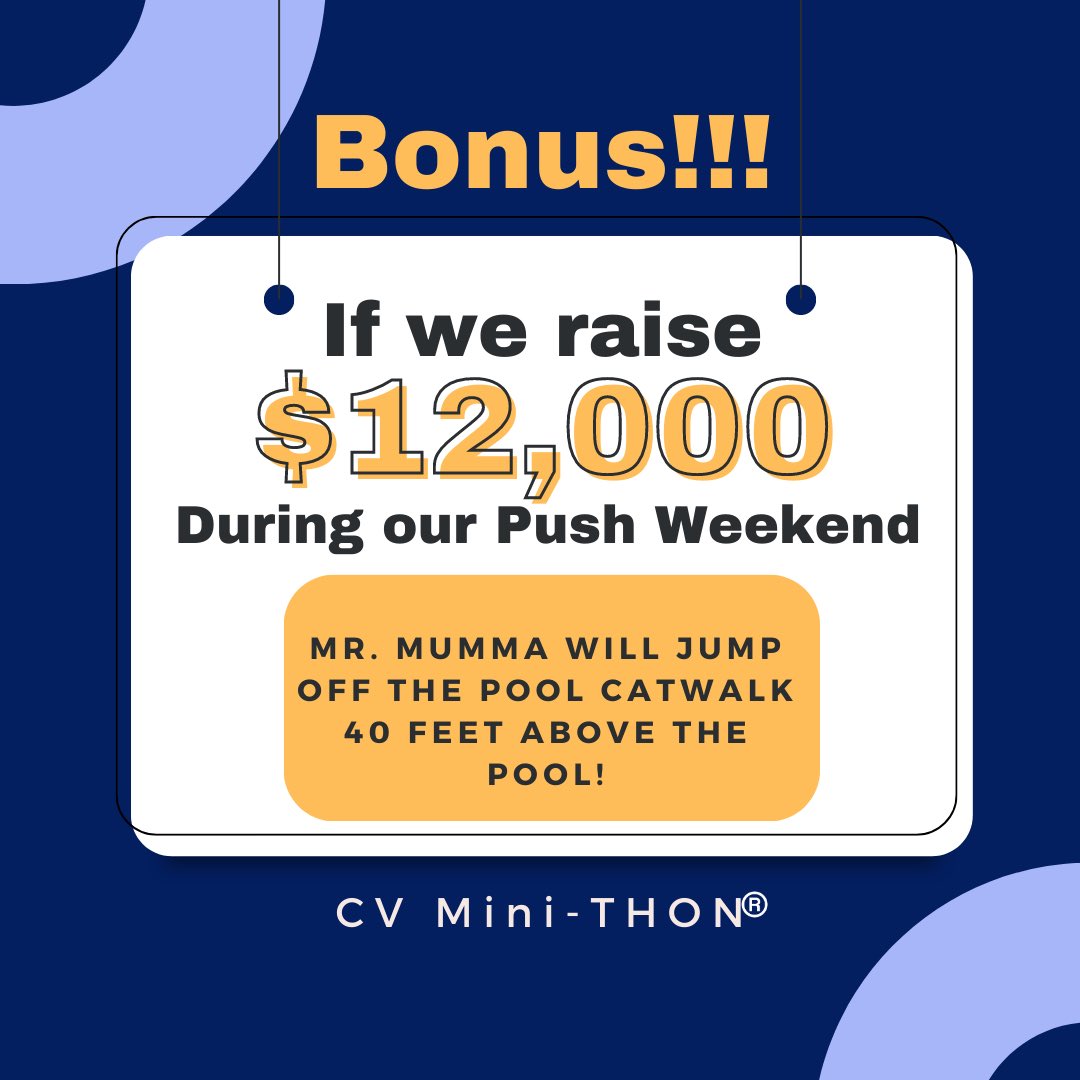 We have a bonus staff incentive this push weekend! If we raise $12,000, Mr. Mumma will jump off of the catwalk 40 feet above the pool! Let’s see if we can do it! #ftk 🏊🏊🔷🎗