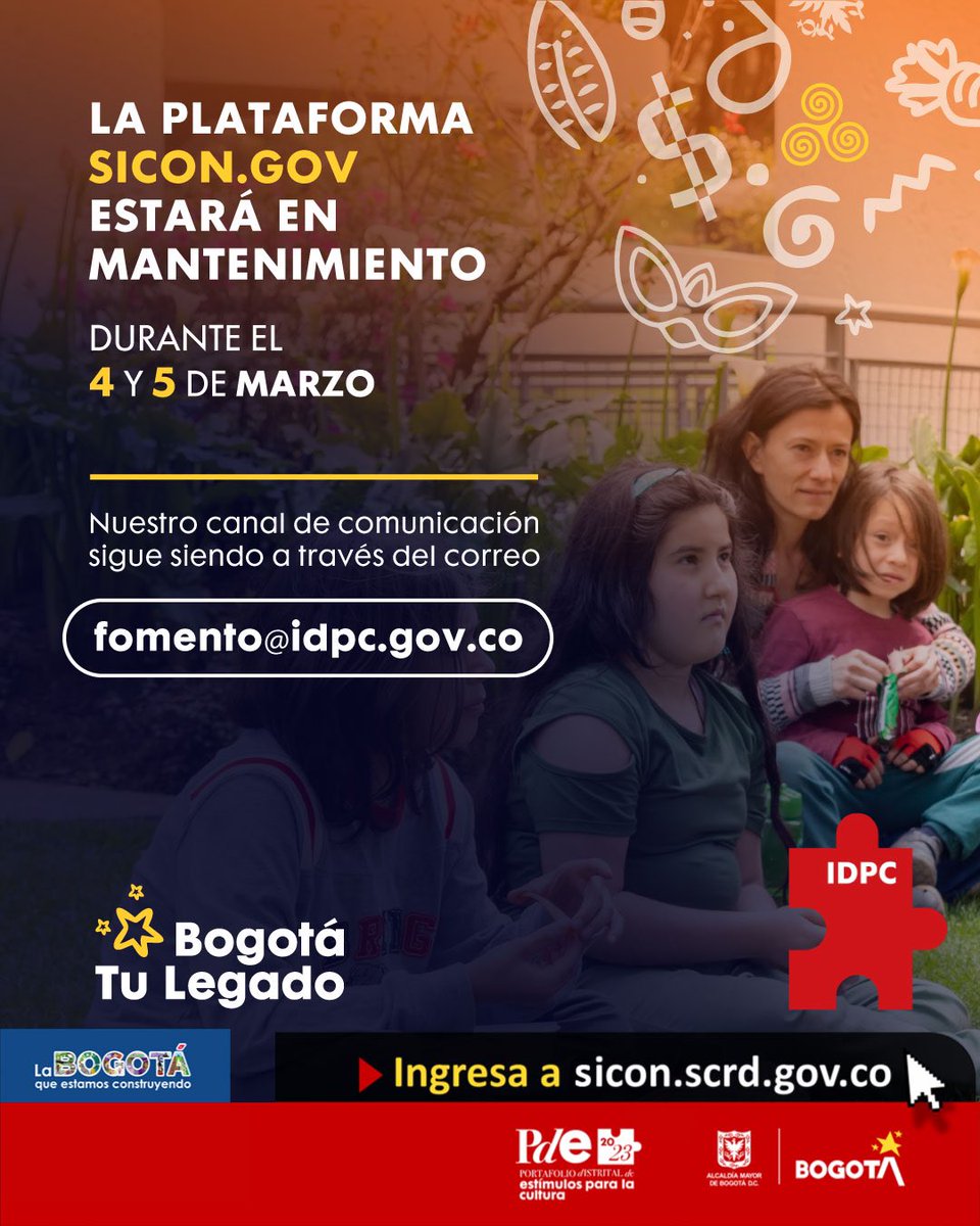 Patrimoniobta's tweet image. ¡Atención! 🚨La plataforma #Sicon NO estará disponible para inscripción de propuestas de #EstímulosCultura2023 por mantenimiento de plataformas.

Del sábado a las 7 a.m. hasta el domingo a las 8 p.m. ➡️ culturarecreacionydeporte.gov.co/es/fomento/not…