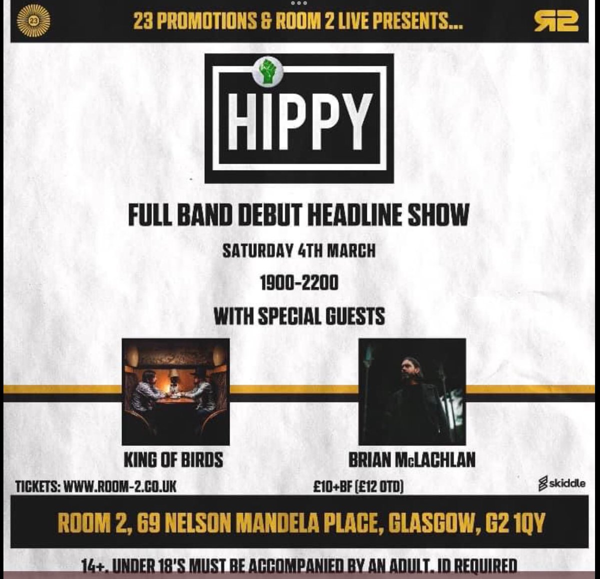 Tonight <a href="/room2glasgow/">Room 2 Glasgow</a> we are delighted to be guests of the fantastic Hippy. Some tickets available to buy on the door, cash or card accepted. Should be a great night. Stage times below.