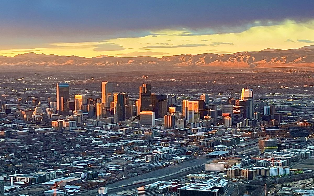 Sunrise hitting Denver #sunrise #downtown #denver #denvercolorado #colorado #sunshine #milehigh #milehighcity #morning #wakingup #newday #aerialphotography #bright