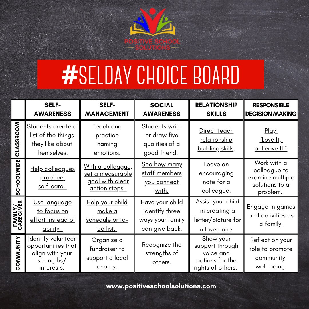 Positive4School's tweet photo. As you finalize lesson plans, don't forget about #SELday on Fri, 3/10. To help you plan, here is a choice board we created around the @caselorg 5 - hyperlinked to resources &amp; freebies! 
Download &amp; share this FREE copy  https://t.co/2VvmLPWbDc 

@SEL4USA  @UrbanAssembly  #SEL https://t.co/8bIuf283ER