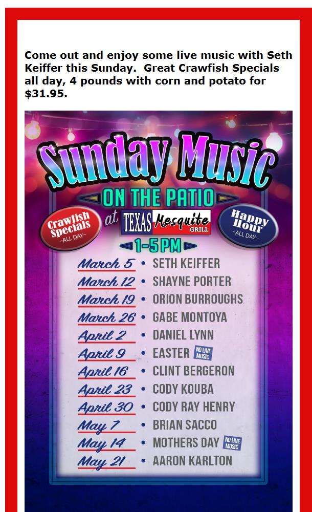 Live Music on the Patio and Crawfish Specials