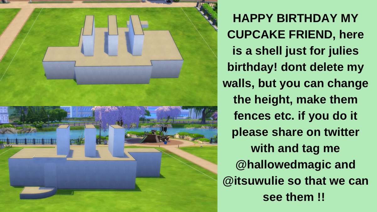 hallowedmagic's tweet photo. Shell challenge, HAPPY BIRTHDAY @ItsJuwulie, dont delete my walls, but you can change the height, make them fences etc. if you do it please share on twitter with and tag me @hallowedmagic and @itsuwulie so that we can see them !!
#sims #sims4 #simsshell https://t.co/Cpx0ncWfch
