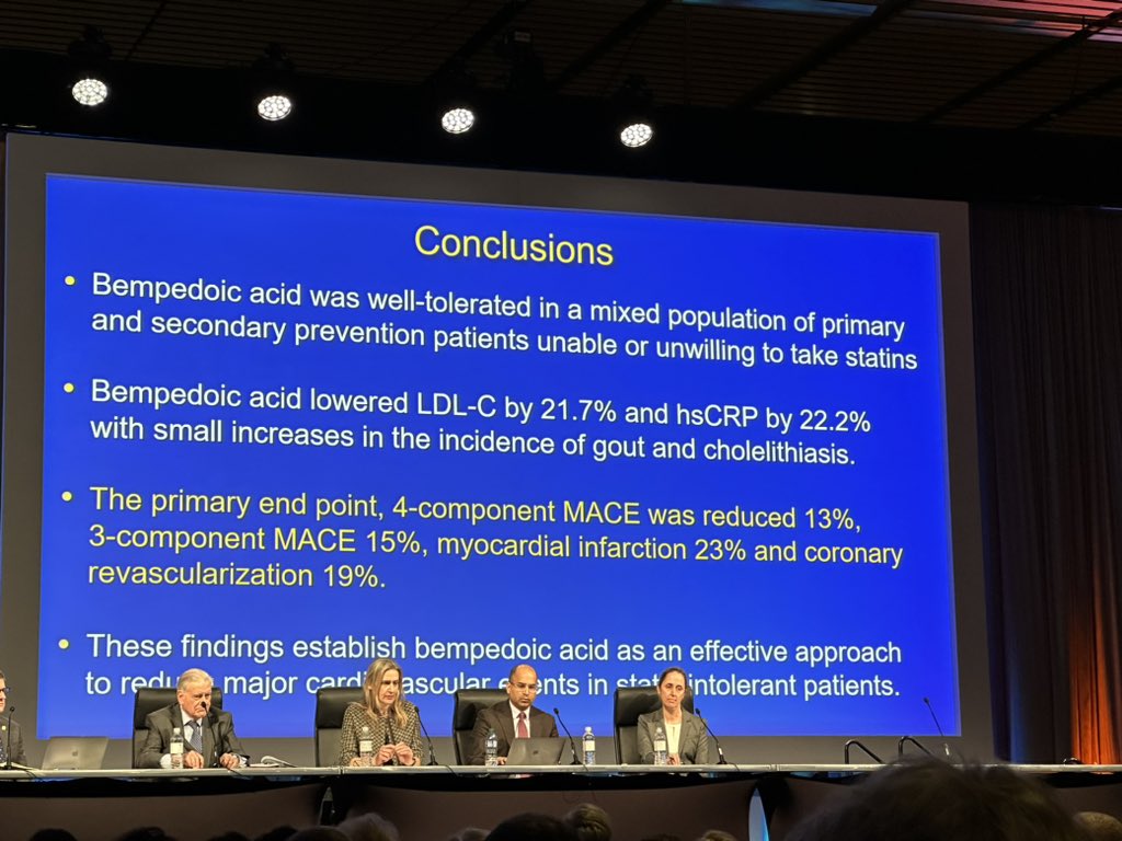 #ACC23 #WCCardio CLEAR trial by Dr Steven Nissen and colleagues Cleveland Clinic

Bempedoic acid well tolerated in a mixed population of patients unable or unwilling to take statins

NEJM paper just published ➡️ nejm.org/doi/full/10.10… <a href="/CleClinicHVTI/">Cleveland Clinic Heart, Vascular & Thoracic</a> <a href="/ACCinTouch/">American College of Cardiology</a> <a href="/DrMarthaGulati/">Dr. Martha Gulati ♥️🫀❤️‍🩹🇨🇦</a>
