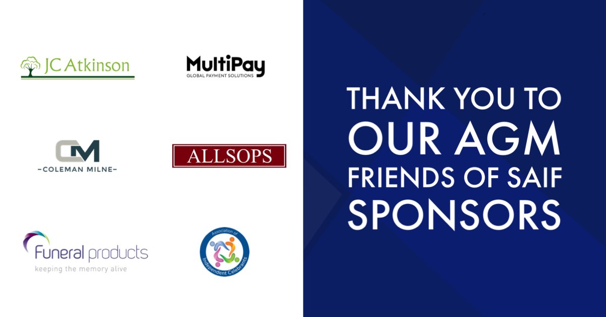 NationalSAIF's tweet photo. Thank you to our valued #SAIFAGM 2023 partners for your fantastic support. @jcatkinson @MultiPayGroup  @colemanmilne @_Allsops_ Funeral Products, @celebrantaoic. https://t.co/cD2XJl6HFa