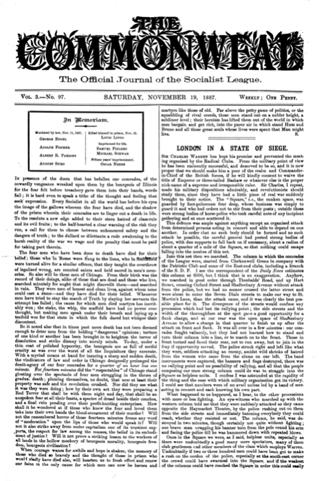 WMCommonweal's tweet photo. "Will it not prove a striking lesson to the workers of all lands in the hollow mockery of bourgeois morality, bourgeois freedom, bourgeois civilisation?" Commonweal 3.97 (Nov. 19, 1887), on the execution of the Haymarket Martyrs #Commonweal #anarchism https://t.co/hci0wwMKRw