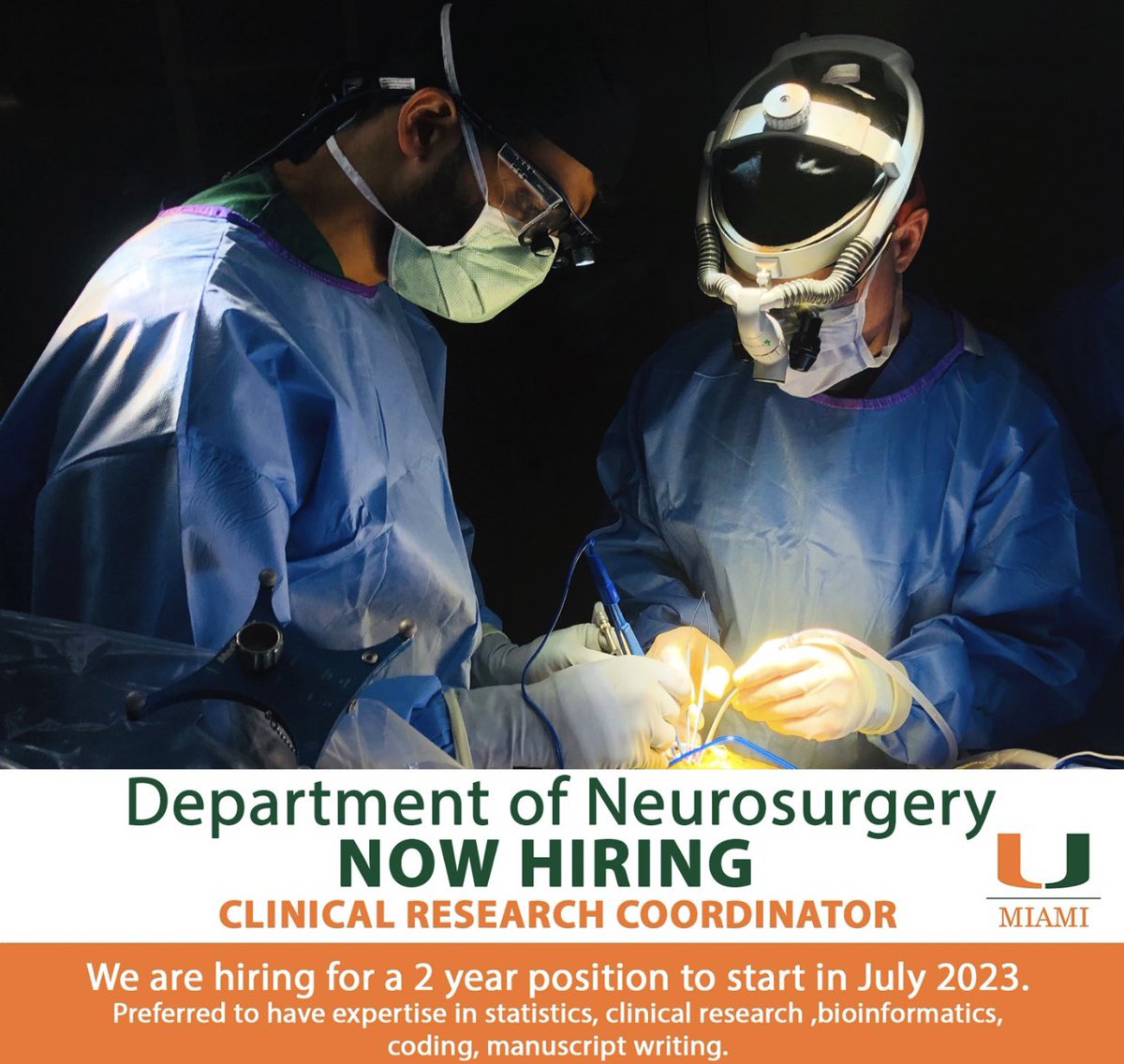 Were hiring a clinical research coordinator for the UM Brain Tumor Initiative starting in July 2023 for 2 yr position. Experience with statistics, clinical trials, and AI encouraged. Please email mivan@med.miami.edu w/CV. #neurosurgery #neuroscience #artificialintelligence #btsm