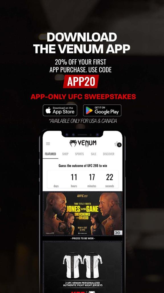 #UFC285 Fight day! Jones vs Gane - Who leaves with the @UFC heavyweight strap? The world will be watching. Enter our giveaway via our app: qrco.de/venum-app