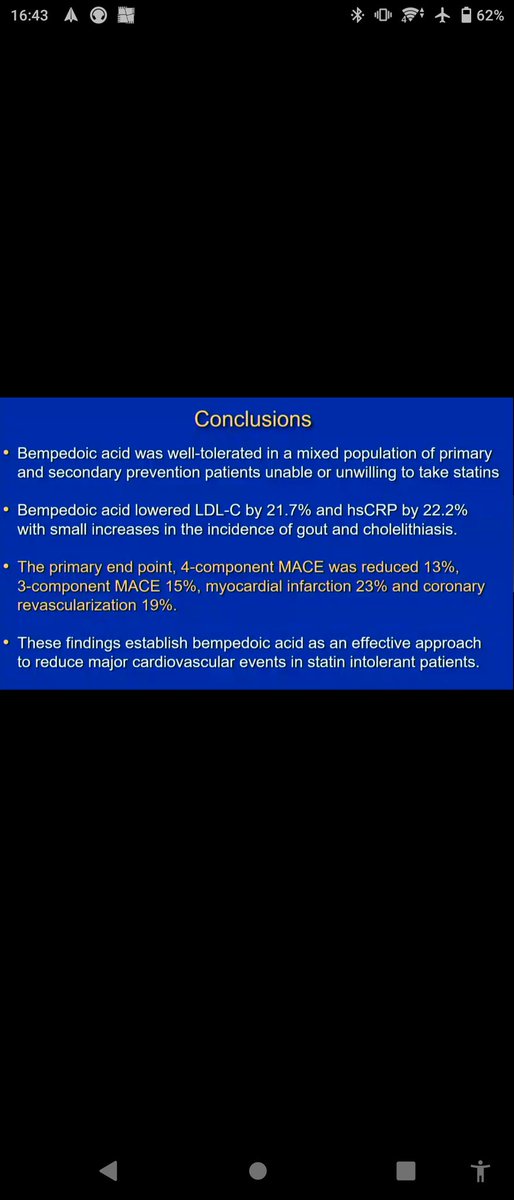 Breaking: Bempedoic acid lowers cardiovasculair events rate in statin intolerant patients. No effect on mortality. Side effects are modest. 
#ACC23 #bempedoic #acid #statin #intolerant #latebreaking #trial #clearoutcomes