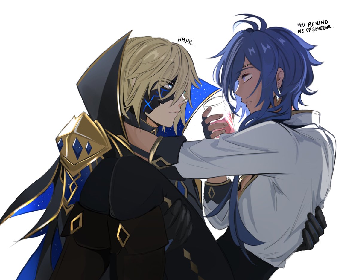 kaeya (genshin impact) multiple boys 2boys male focus blue hair gloves blonde hair dark skin  illustration images