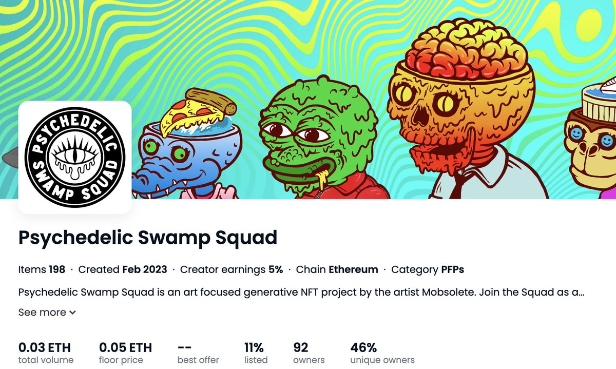 Only 8 more holders away from reaching 100! First art claim is for <a href="/PsychSwampSquad/">Psychedelic Swamp Squad</a>  holders only! Mint yours today!