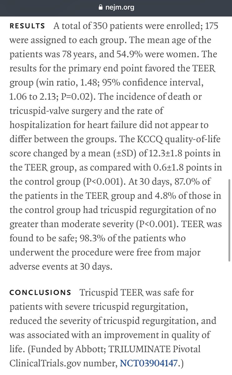 #TRILUMINATE #TEER #TriClip RCT @ACCinTouch #ACC2023 late breaker by @psorajja No diff vs GDMT in ☠️🏩but ⬆️KCCQ ⬇️TR at 1y. Pts DO feel better! Honored to be in this trial and my 1st paper @NEJM! @hahn_rt @caresans26 @SachinGoelMD @mirvatalasnag @KHERA_MD @ParasuramMD