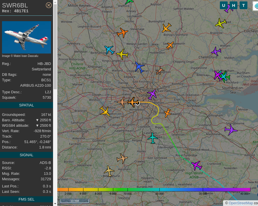 #SWR6BL HB-JBD C Series 100 Swiss International Air Lines GVA-LHR Geneva Airport to Heathrow Airport: 0.4 mi away @ 2600 ft and 50.0° frm hrzn, heading W @ 199.5mi/h 21:30:07. #Putney #SW15 #ADSB