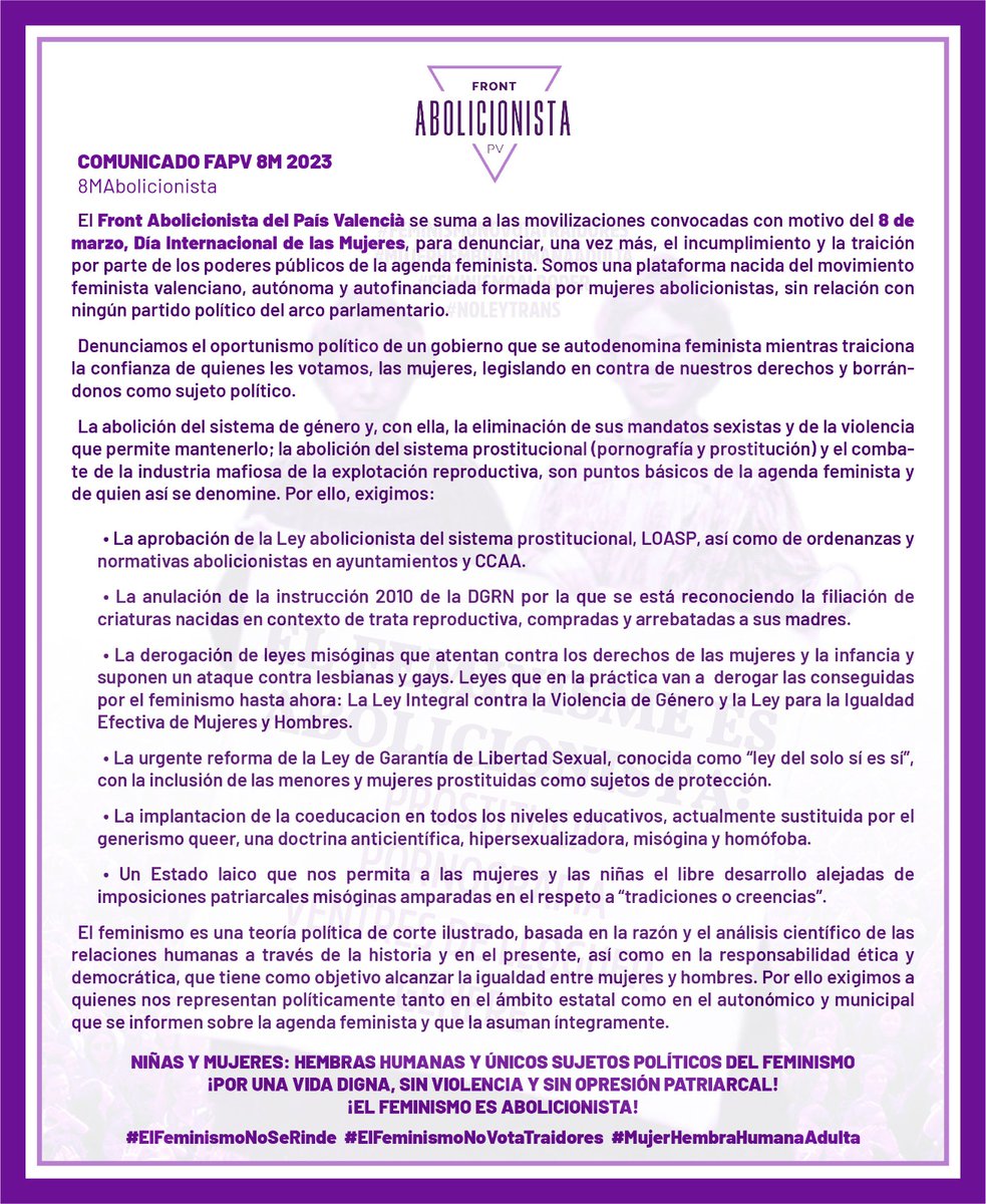COMUNICAT-8M2023
#8MAbolicionista 
#ElFeminismoNoVotaTraidores
El FAPV se suma a les mobilitzacions convocades amb motiu del 8 de març, Día Internacional de les Dones, per a denunciar, una vegada més, l'incompliment i la traició per part dels poders públics de l'angenda feminista