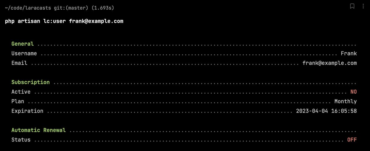 laracasts's tweet photo. If you love the new output layout for Laravel's built-in Artisan commands, don't forget that you can do the same for your commands.

I don't think it's documented, but it's easy. 👍 https://t.co/ztOzL4OJzp
