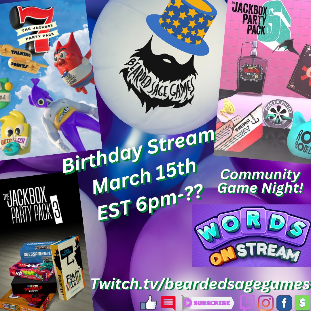 You’re invited!
 Wed, March 15th for a #birthdaystream on #twitch. We’ll be doing a #communitynight, chilling, having fun and playing #jackboxgames and #wordsonstream 

#twitchcommunity
#birthday #beardedsagegames #streamer #twitchaffiliate #supportsmallstreamers #familyfriendly