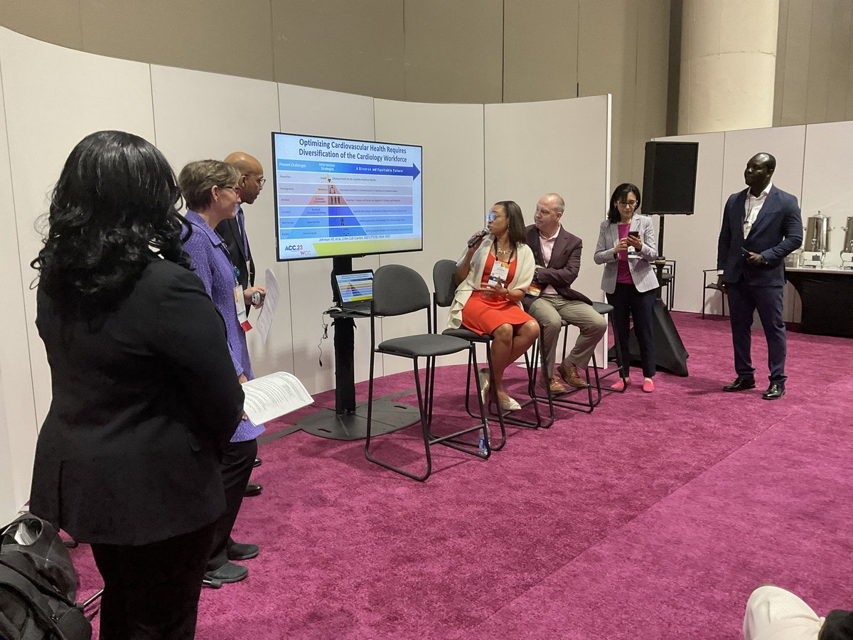 HviUpmc's tweet photo. Happening Now at #ACC2023 in the Young Professionals Lounge! Our own @AmberJohnsonMD discusses Building a Diverse Cardiology Workforce: Creating a Supportive and Inclusive Environment alongside other DEI leaders in our field! Note her recent @JACCJournals pub referenced! https://t.co/6VMvGGyeO3