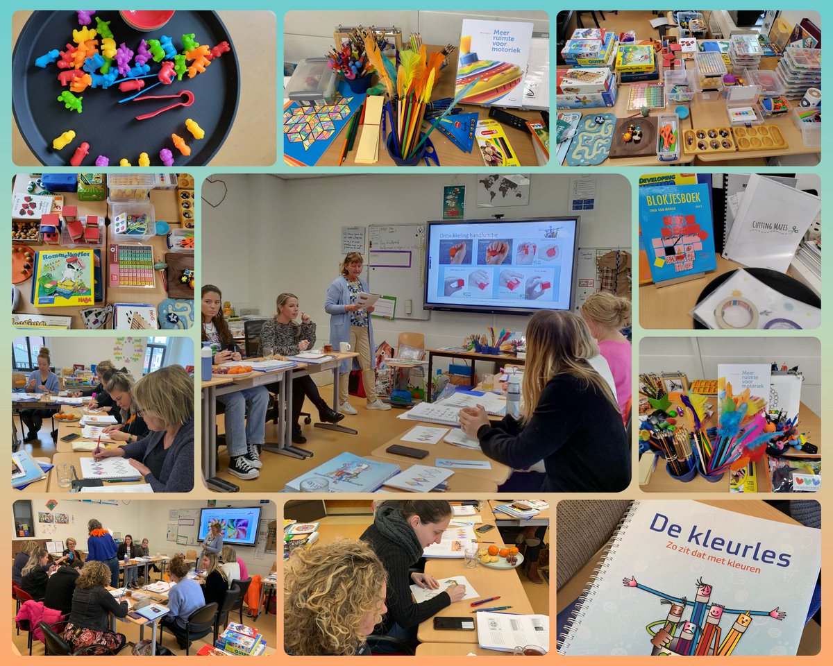 Vandaag hebben leerkrachten, intern begeleiders en onderwijsassistenten van de onderbouw de cursus Kleurles gevolgd.
Over het belang van kleuren en schrijven, fijne motoriek, zithouding, pengreep etc.

Fijne zondag allemaal! Lekker kleuren, kleien, knippen en plakken 😉