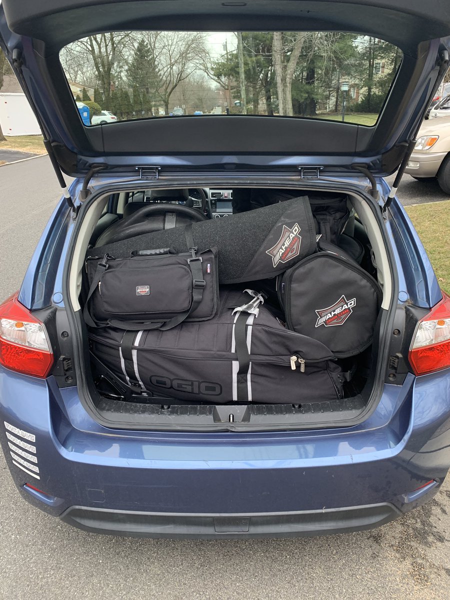 LeachyLive's tweet image. Gig night with @ITSNOTAPHASENY! Here’s how I pack my car for each gig.

Yes, that is a Rocket League bumper sticker.

And no, I am not sponsored by @AheadDrumSticks.

(but maybe i should be?)